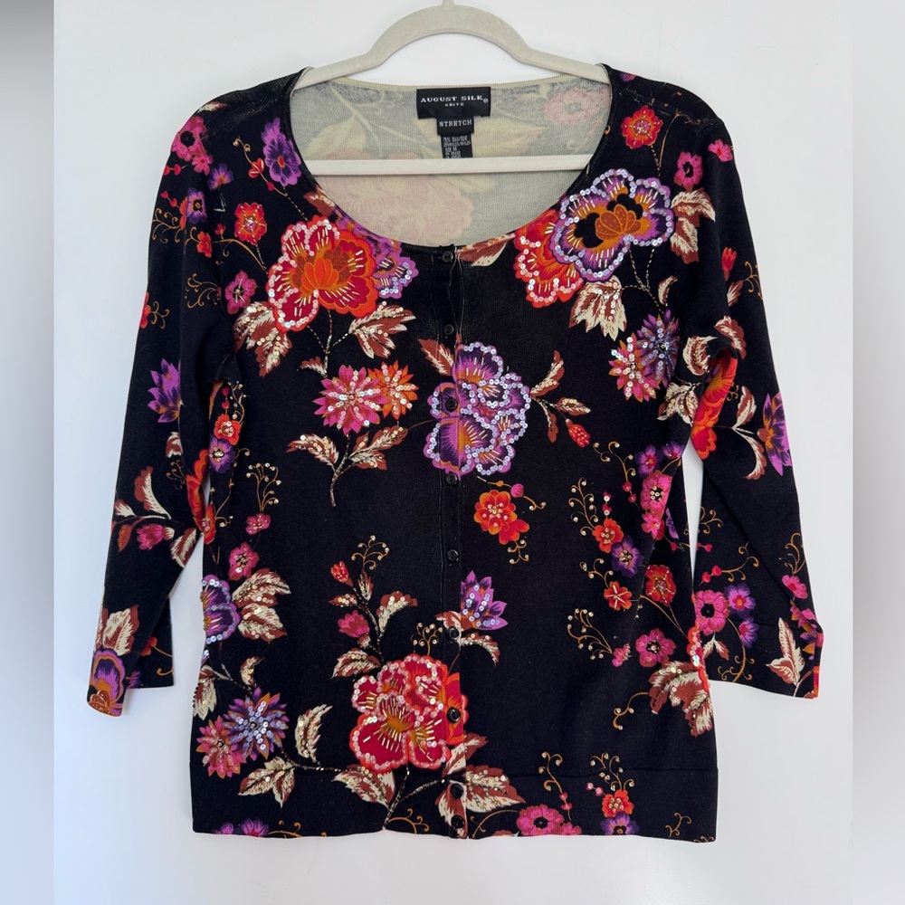 August Silk Women’s Cardigan Beaded Embroidered Floral Flower Button Stretch‎